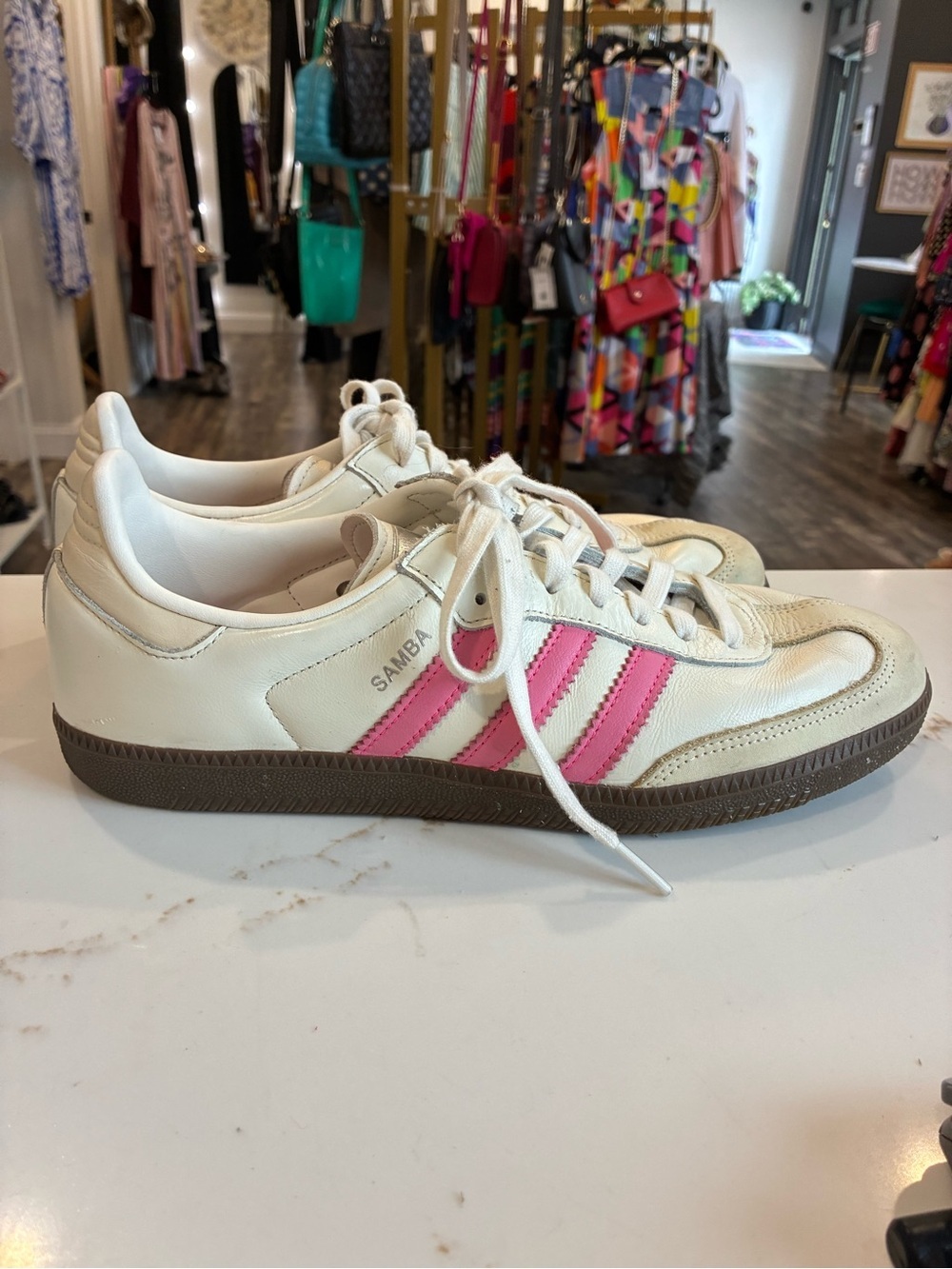 adidas Samba Sneakers in Cream with Pink Stripes